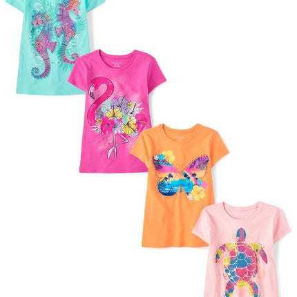 The Children's Place Girls' Animal Short Sleeve Graphic T-Shirts, Multipack, Butterfly/Seahorse/Flamingo/Turtle, X-Large