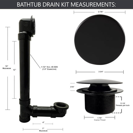 Westbrass 493144H-62 12" & 4" Bath Waste & Overflow Assembly with Tip-Toe Drain Plug and Illusionary Faceplate-SCH. 40 ABS Pipe, 1-Pack, Matte Black