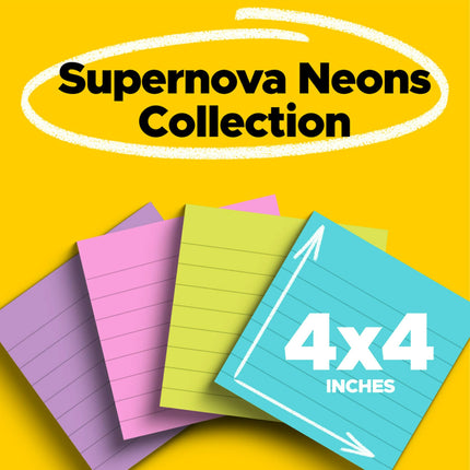 Post-it Super Sticky Notas, 101,6x101,6 mm, 4 blocs, 2 veces más adherencia, neones Supernova, colores brillantes, reciclables (675-4SSMIA)