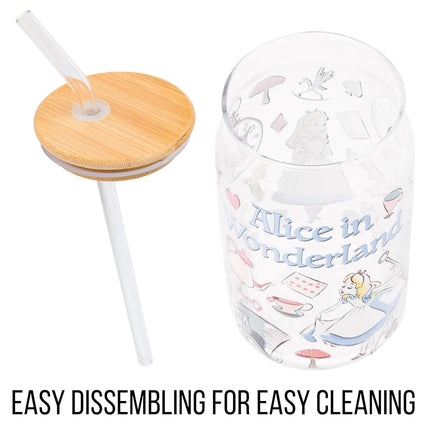 Silver Buffalo Disney Alice in Wonderland Glass Mason Jar Tumbler with Bamboo Lid and Glass Straw, 16 Ounces