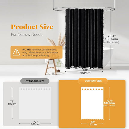 BTTN 60x72 Boho Farmhouse Linen Heavy Duty Shower Curtain Set, Black White