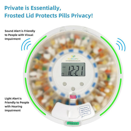 EziMedPil Automatic Pill Dispenser with Alarm, Sound & Light, up to 6 Alarms/Day, 6 Dosage Templates, Easy-Read Display, Frosted Lid & Locked 28-Day Medication Dispenser for Protecting Pills Privacy