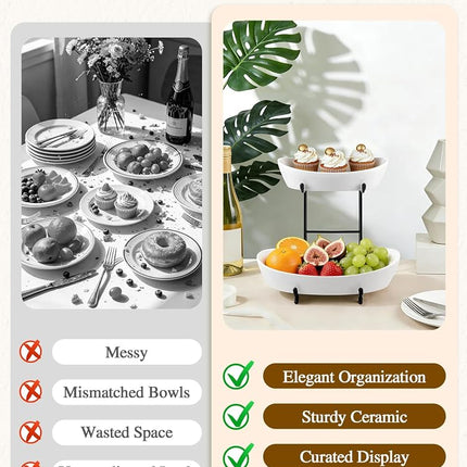 Yedio 2 Tier Ceramic Fruit Bowl for Kitchen Counter with Black Metal Stand
