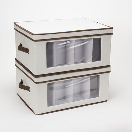 Household Essentials 542 Vision Storage Box with Lid and Handles |Red Wine and Balloon-Style Glasses Natural Canvas with Brown Trim