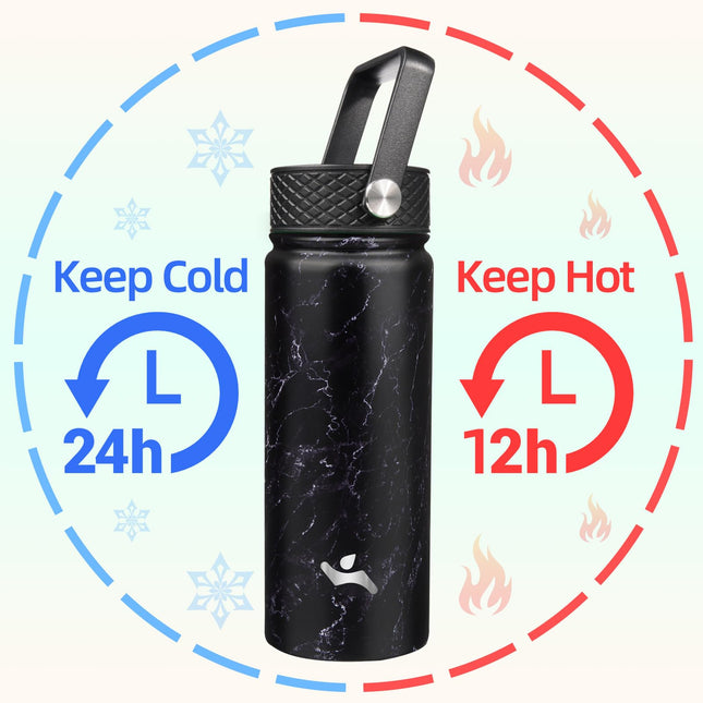 Konokyo Insulated Water Bottle with Straw,18oz 3 Lids Metal Bottles Stainless Steel Water Flask,Marble Midnight