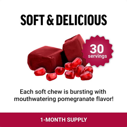 Force Factor Pomegranate Soft Chews for Healthy Aging, Heart Health, Bone Health, & Brain Health, Superfood & Antioxidants Supplement, Non-GMO, Gluten-Free, Vegan, Pomegranate Flavor, 30 Soft Chews