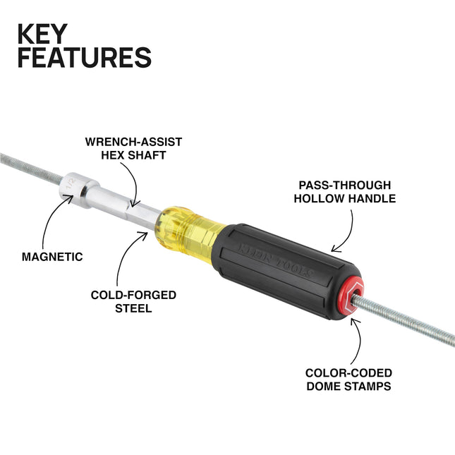 Klein Tools 654716MAG Heavy Duty Hollow Shaft Nut Driver, Magnetic, Color-Coded 7/16-Inch Hex, Pass Through Design, 6-Point, Cushion-Grip Handle