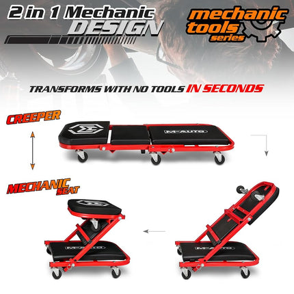 M-AUTO Heavy-Duty Convertible Mechanic Creeper, Z-Creeper 2-in-1 Creeper and Seat 48" Padded Adjustable Headrest Roller Garage Chair with 6 Swivel Casters for Washing, Detailing, Maintenance, Red