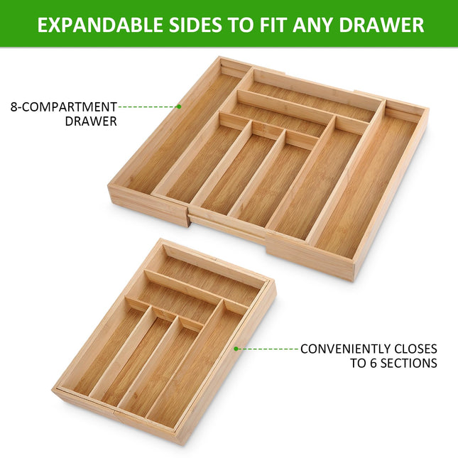KITCHENTREND Expandable Silverware Drawer Organizer, Bamboo Kitchen Organizers and Storage, Adjustable Silverware Organizer, Utensil Drawer Organizer for Kitchen Organization (6-8 Slots)