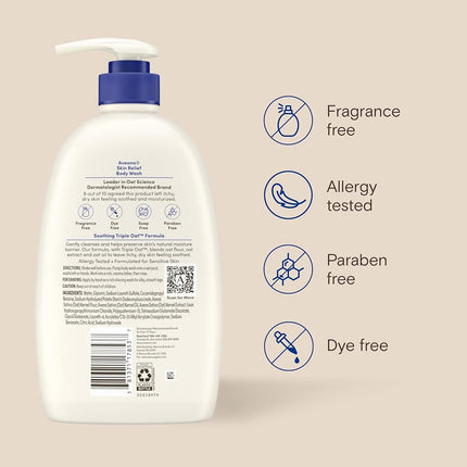 Aveeno Skin Relief Fragrance-Free Body Wash with Triple Oat Formula Soothes Itchy, Dry Skin, Formulated for Sensitive Skin, Fragrance-, Paraben-, Dye- & Soap-Free, 33 fl. Oz