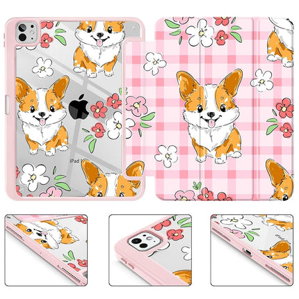 May Chen for iPad Pro 13 Inch Case M5 2025 / M4 2024, Built Pencil Holder & Clear Transparent Print Back Shell Slim Stand Shockproof Tablet Cover, Auto Wake/Sleep, Corgi Dog Stripes