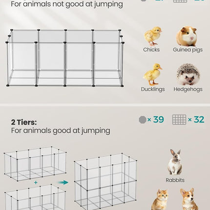 SONGMICS Pet Playpen with Floor, Small Animal Pen, Pet Fence Indoor, DIY Plastic Enclosure for Hamsters, Hedgehogs, 57.1 x 28.3 x 22.4 Inches, White ULPC007W01
