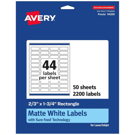 Avery Matte White Rectangle Labels with Sure Feed, 2/3" x 1-3/4", 2,200 Matte White Printable Labels