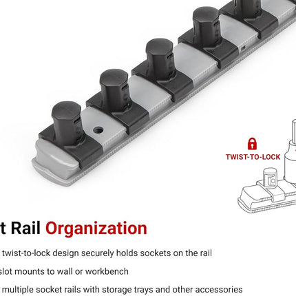 TEKTON 1/4 Inch Drive x 18 Inch Socket Rail, 20 Clips (Gray) | OSR03320 | Made in USA