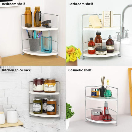 FSyueyun 2-Tier Corner Bathroom Countertop Organizer, Kitchen Spice Rack Makeup Storage Shelf Vanity Bedroom Storage Tray (Silver)