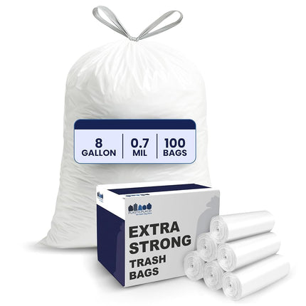 Plasticplace W8DSWHJR100 8 Gallon Trash Bags │ 0.7 Mil │ White Drawstring Garbage Can Liners │ 22" x 22" (100 Count)