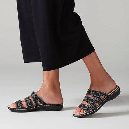 CLARKS Women's Leisa Cacti Slide Sandal, Black Leather, 6 W US