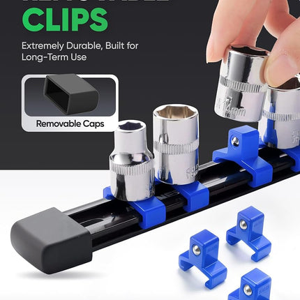 ALOANES 3 PC ABS Socket Organizer, 1/2 inch, Drive Socket Rail Holders, Heavy Duty Socket Racks, Black Rails with Blue Clips