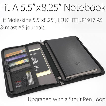 diodrio A5 Zipper Journal Notebook Cover with YKK Zipper for 5.5 x 8.25 Moleskine Cahier A5 LEUCHTTURM Planners Sketchbook, Pen Loop, Water Resistant, Refillable, Cover Pockets, Black