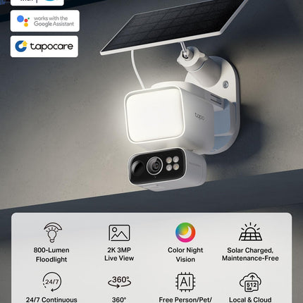 Tapo 2K Dimmable Floodlight Security Camera Outdoor Wireless w/Solar Panel, Pan/Tilt, 360� AI Tracking, Free Person/Vehicle Detection, Works w/Alexa and Google Assistant, SD/Cloud (Tapo C615F KIT)