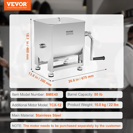 VEVOR Manual Meat Mixer, 40L Fixed Tank – Heavy Duty Stainless Steel Hand Mixer for Ground Beef & Sausage, Max 60lb Mixing Meat Capacity, with Gear Box and Lid Handle
