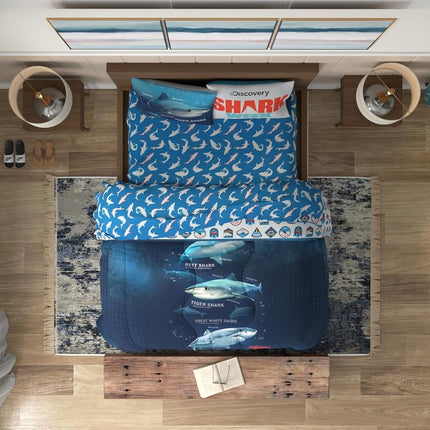 Franco Comforter and Sheet Set, Microfiber, Blue-Shark Week, 5 Piece Full Size