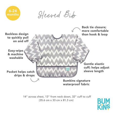 Bumkins Sleeved Bib, Handy Tie Closure for Custom Fit, Catch-All Pocket, Baby-Led Weaning, Waterproof, Machine Washable, Stain & Odour Resistant, BPA Free, 6-24 Months, Grey Chevron Design