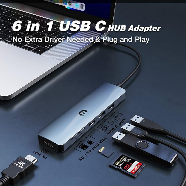 USB C Hub, HOPDAY 6-in-1 Type C Hub with 4K HDMI Adapter, USB 3.0/2.0 Ports, SD/TF Card Reader, Dual Monitor USB C Multiport Adapter Docking Station for MacBook Pro Air, Surface Pro, iPad Pro