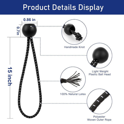15 Inch Bungee Balls Ties, 50 PCS Heavy Duty Elastic Cord Ties for Camping, Shelter, Cargo, Tent Poles - UV Resistant