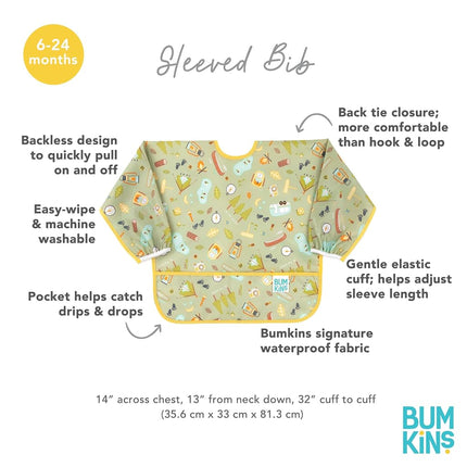 Bumkins Sleeved Bib, Handy Tie Closure for Custom Fit, Catch-All Pocket, Baby-Led Weaning, Waterproof, Machine Washable, Stain & Odour Resistant, BPA Free, 6-24 Months, Camp Gear Design