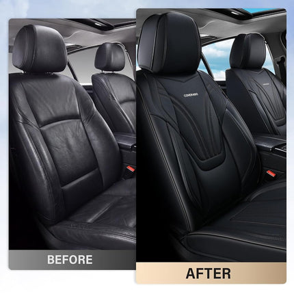 Coverado Car Seat Covers Full Set, 5 Piece Car Seat Protector with Lumbar Support & Removable Headrest, Breathable Leather Front Rear Seat Cushion Universal Fit for Truck Automotive Black