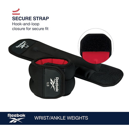 Reebok Wrist and Ankle Weights, 2 x 1 lb Wearable Weights for Intensifying Workout, Durable Polyester & Spandex Ankle & Wrist Weights, Home Workout Essentials & Gym Accessories for Women & Men