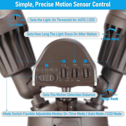 LEONLITE COB LED Security Light, Motion Sensor Flood Lights Outdoor, Aluminum, 3 Modes Motion Detector+Dusk to Dawn+Switch Control, 100-277V, Adjustable 2-Head, IP65, 5000K Daylight, ETL, Bronze