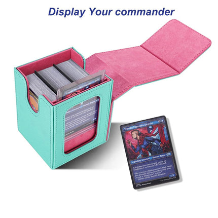 AFIING MTG Deck Box for Commander Display,Card Deck Case Fits 100 Double Sleeved Cards, Magic Commander TCG Card Storage Box with 2 Dividers,Dice Bag and 1 Toploader(Green Rose pink)