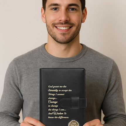 GALILEO® Double AA Big Book Cover & 12 Steps & 12 Traditions | AA Gift | Alcoholics Anonymous | PU Leather | Coin Holder | AA Book Covers for Hardcover (Serenity Prayer/Coin Pocket/Black)