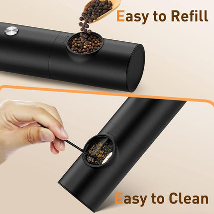 Electric Salt and Pepper Grinder Set, Rechargeable Automatic Pepper Mill Grinder with LED Light, Adjustable Coarseness shakers, One-Hand Operation for Kitchen(2 Pack,Black+Black)