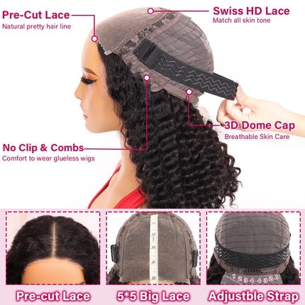 Ailwelia Curly Bob Wig Human Hair Deep Wave Glueless Wigs Human Hair Pre Plucked Pre Cut 5x5 Wear And Go Glueless HD Lace Closure Wigs Human Hair For Black Women 200% Density Black Color 14 Inch