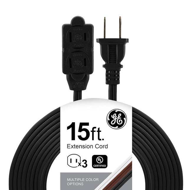 GE 3-Outlet Extension Cord with Multiple Outlets 15 Ft Extension Cord Power Strip 2 Prong 16 Gauge Twist-to-Close Safety Outlet Covers Outdoor Extension Cord Outlet Extender UL Listed Black 45154