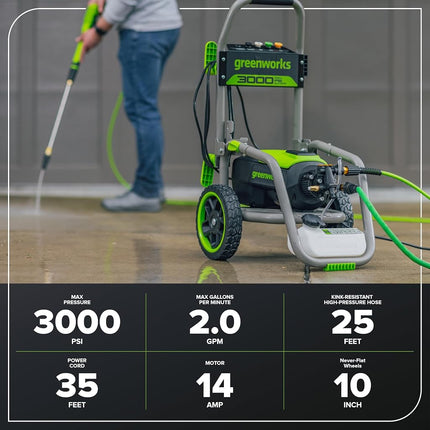 Greenworks Pro Brushless 3000 PSI (CSA Certified) 2.0 GPM Max / 1.1 GPM Electric Pressure Washer (Foldable Handles, Rugged Steel Frame, 25 FT Hose, 35 FT GFCI Power Cord)