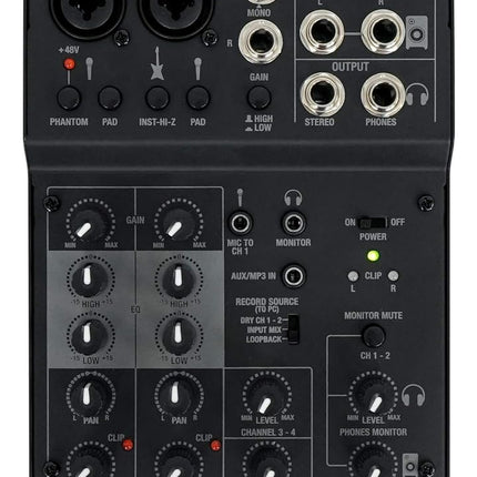 Rockville RockMix 4 4-Channel Mixer with USB Interface, 2-Band EQ, Phantom Power, Loopback Switch, Compact Design, for Recording and Streaming