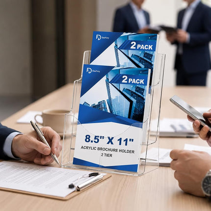 2 Pack Acrylic Brochure Holder 8.5 x 11 in, 2 Tier Brochure Display Stand with Removable Divider for 4 x 9 in Trifold Pamphlets, acrylic flyer holder 8.5 x 11 Stands for Flyer, Pamphlet, Magazine