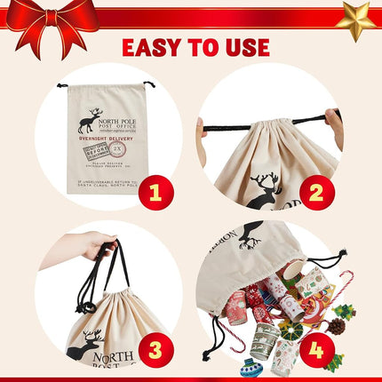 JOYIN 3 PCS Christmas Large Canvas Gift Bag 26" x 19", Drawstring Santa Burlap Sack Reusable Personalized Cloth Pouch for Xmas Presents Package, Party Supplies, Hoilday Decoration, Black&White&Red