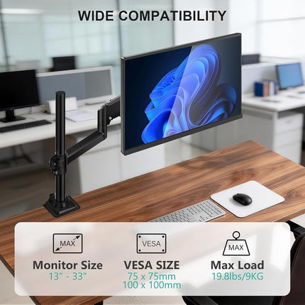 WALI Support de bureau unique pour écran LCD entièrement réglable avec ressort à gaz pour un écran jusqu'à 32", capacité de 8 kg (GSDM001), Noir