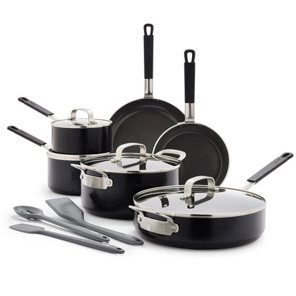 GreenPan x Bobby Flay Juego de ollas y sartenes antiadherentes de 13 piezas, cerámica con infusión de diamante sin PFAS, apto para inducción, fácil de limpiar apto para lavavajillas y horno, asas de silicona que se mantienen frías, tapas de vidrio, negro