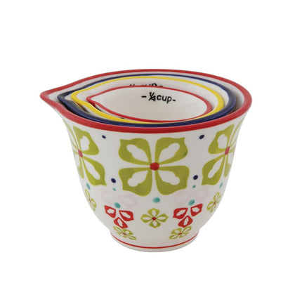 Creative Co-Op Floral Hand Stamped Stoneware Measuring Cups (Set of 4 Sizes/Designs)