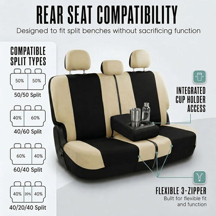 FH Group FB030BEIGEBLACK115-COMBO Seat Cover Combo Set with Steering Wheel Cover and Seat Belt Pad (Airbag Compatible and Split Bench Beige/Black)