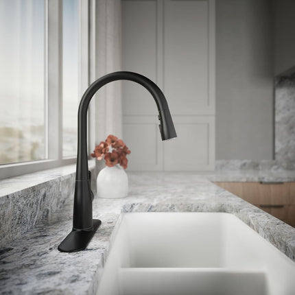Kohler K-596-BL Simplice High-Arch Single-Hole or Three-Hole, Single Handle, Pull-Down Sprayer Kitchen Faucet, Matte Black with 3-Function Spray Head, Sweep Spray and Docking Spray Head Technology