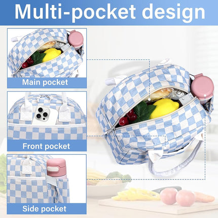 Carry Bloom Lunch Box for Women, Insulated Lunch Bag Cute Corduroy Lunchbag Reusable Lunchbox for Work (Checkered Blue White)