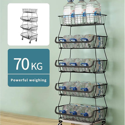 CarolynDesign 6 Tiers Rolling Kitchen Cart, Black Iron Wire Storage Bins with Wheels and Feet, Stackable Vegetable Storage Baskets