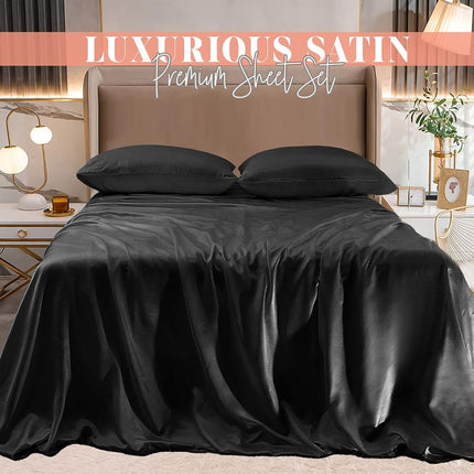 Elegant Comfort Luxurious 4-Piece Silky Satin Sheet Set, Skin and Hair Friendly, Wrinkle, Fade, Stain Resistant with Deep Pockets Fitted Sheet, Cooling Soft Satin Sheet Set, Twin, Black